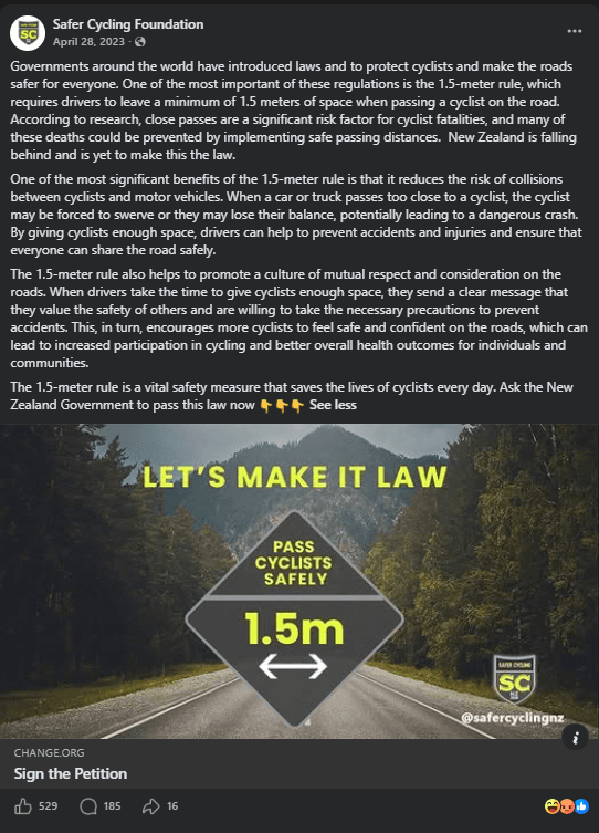 Safer Cycling Foundation Facebook post calling for a 1.5-metre passing rule, featuring a road sign graphic reading Pass Cyclists Safely 1.5m, and showing 529 reactions and 185 comments from supporters