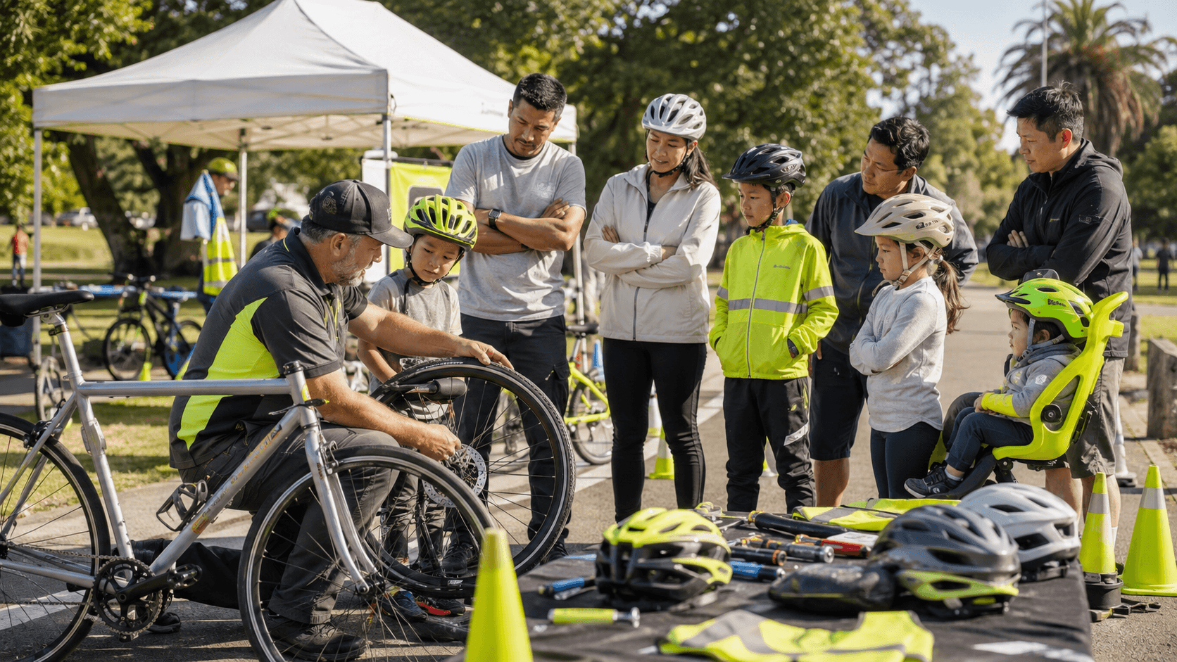 An instructor showing children and parents a community bicycle safety workshop in a park