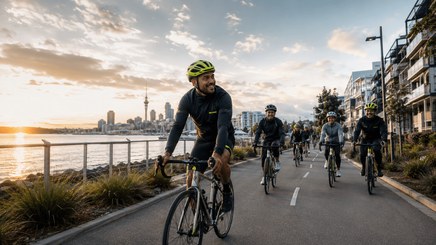 A group of cyclists riding together along the Auckland waterfront at golden hour