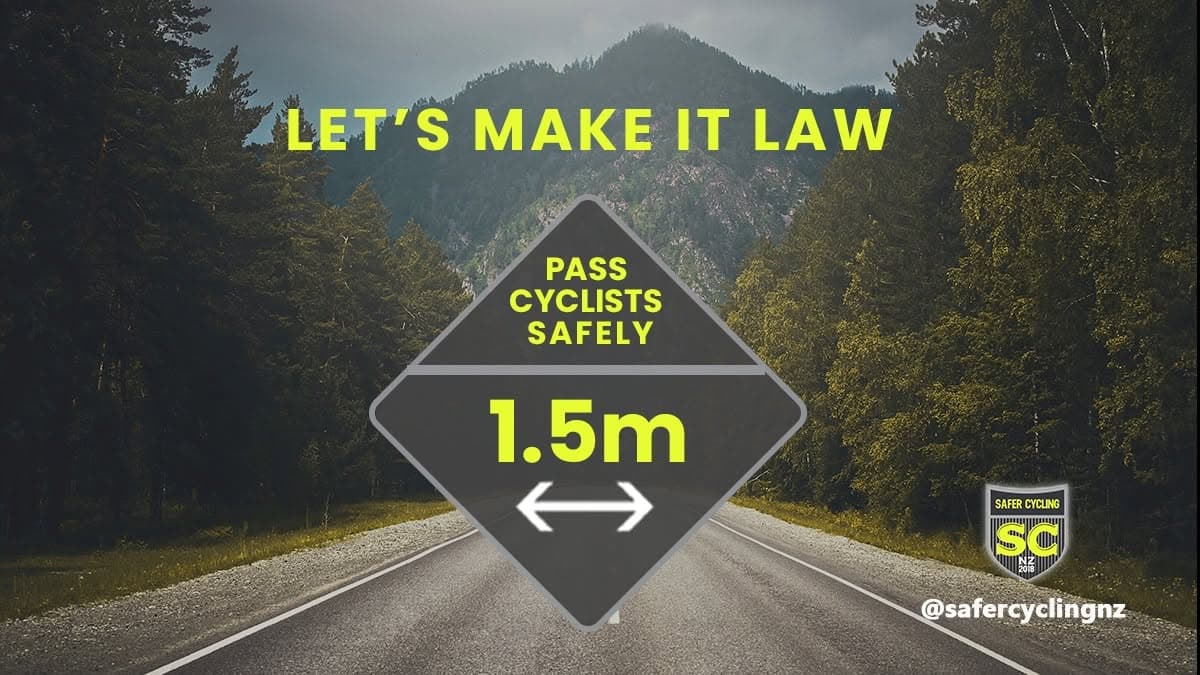 Safer Cycling Foundation campaign graphic reading Let's Make It Law, Pass Cyclists Safely, 1.5m