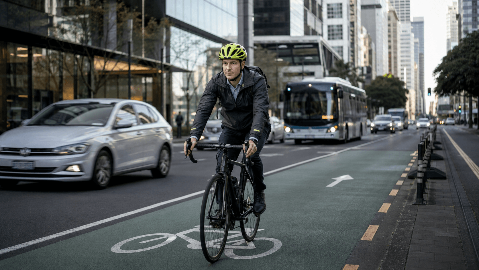 A cyclist confidently commuting through a busy city street in the morning rush
