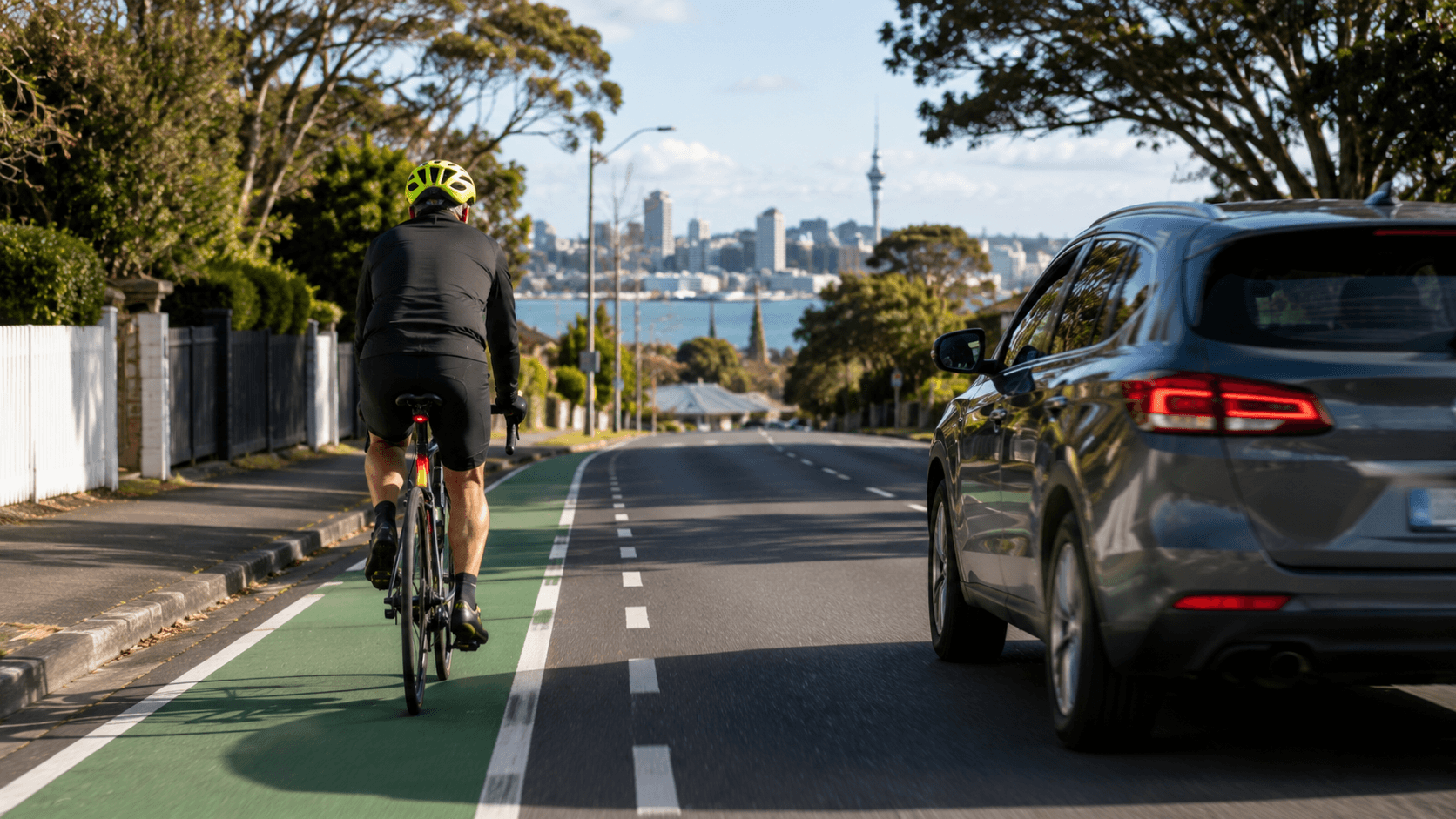 A cyclist riding in a marked bike lane on a New Zealand road, sharing the road with a car