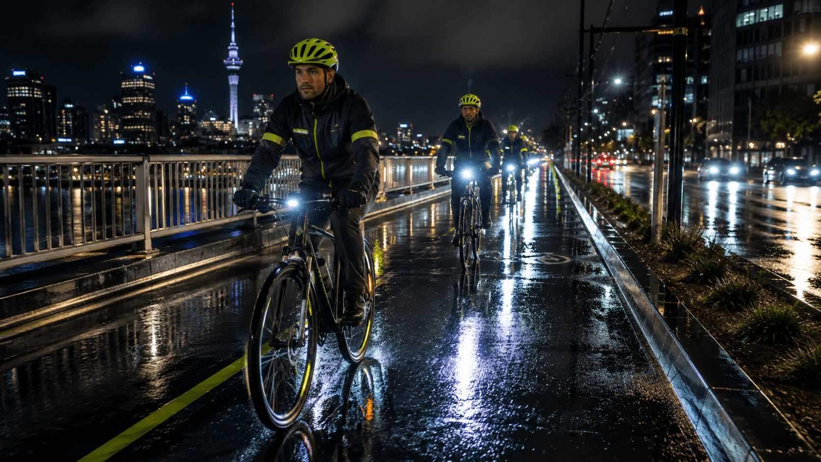 Cyclists riding along a New Zealand bike lane at night in the rain, city lights reflecting on the wet road